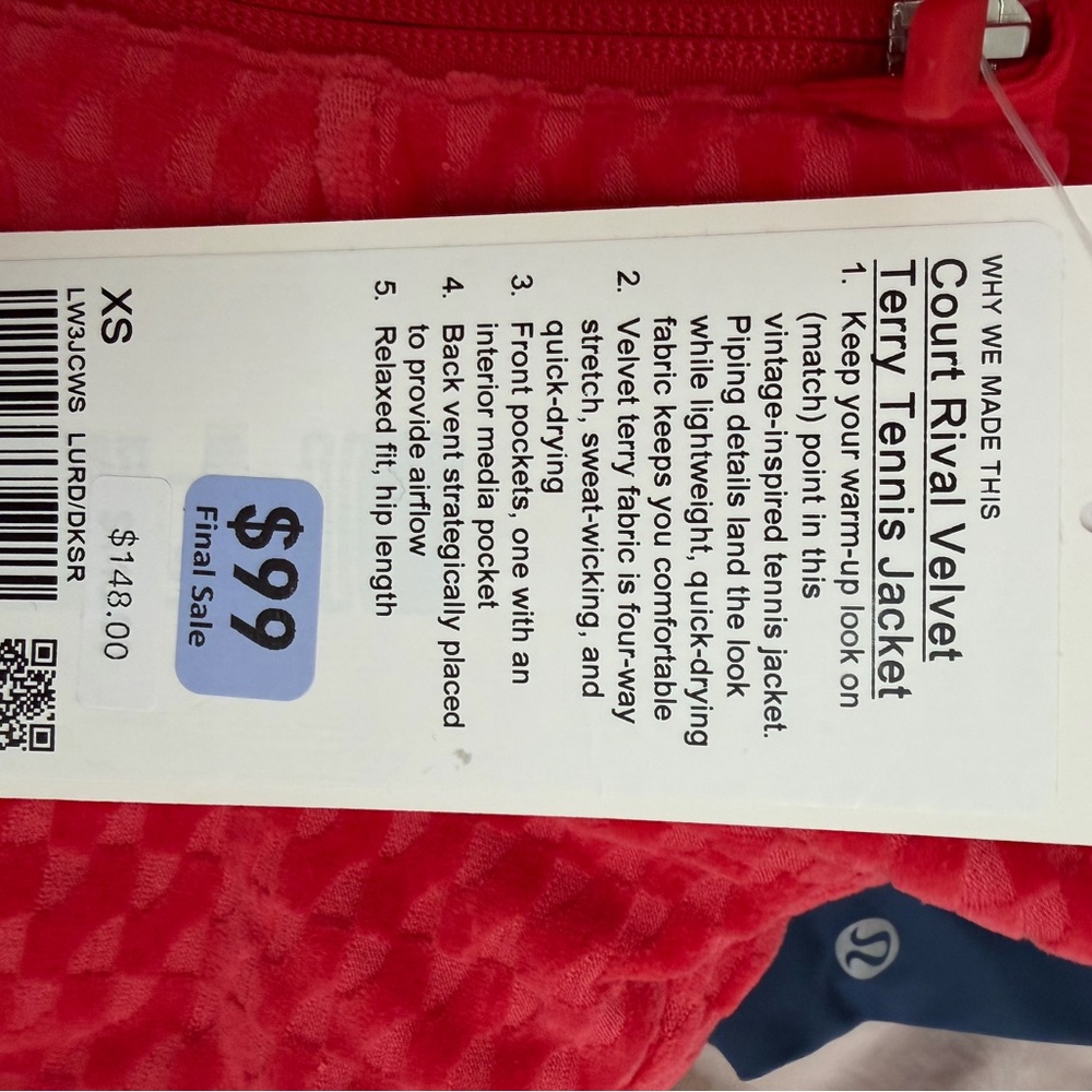 lululemon athletica Court Rival Velvet Tennis Jacket, NWT, red XS - Picture 5 of 5